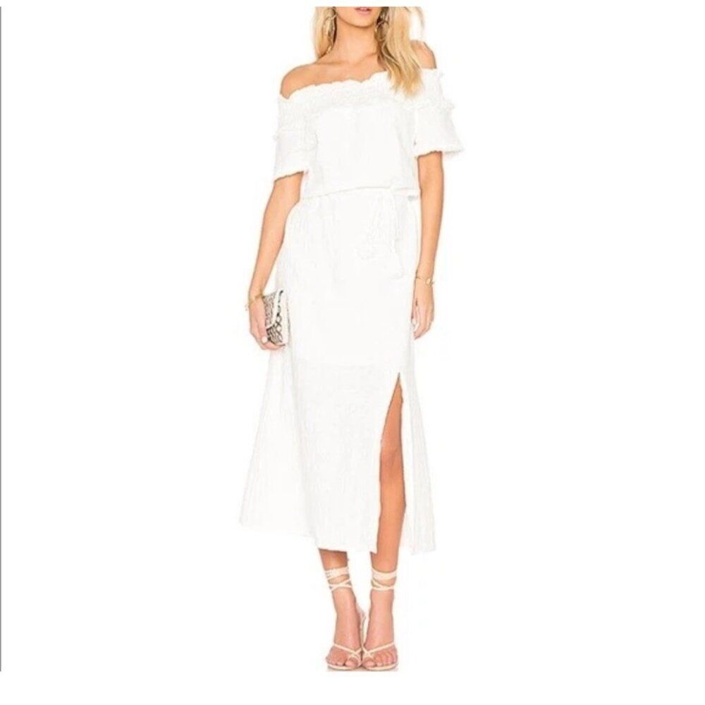 Line + Dot Women White Textured Off Shoulder Self-Belted Slit Midi Dress Size S